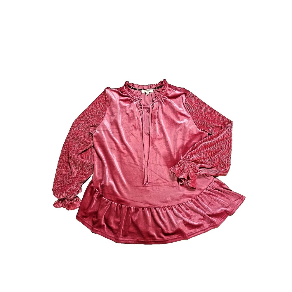 Umgee Womens XL Pink Top Velveteen Long Sleeve V-Neck Pullover Boho‎ Blouse XL